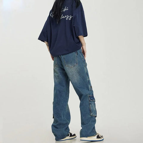 Sonicelife American Tide Brand Retro Washing Old Multi-pocket Tooling Jeans Y2K New Fashion Loose Straight Casual Jeans For Men And Women