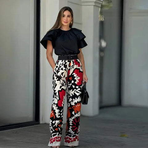 Sonicelife Two Pieces Pant Sets Print Pullover Tops Wide Leg Pants Loose Casual Women Matching Sets Ruffles 2024 Pockets Ankle Length