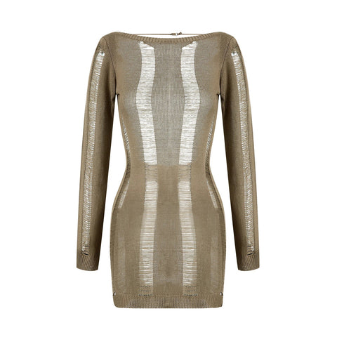 Sonicelife hoco dresses-Women Cutout Y2K Vintage Ripped Long Sleeve Round Neck Solid Color Hollow Out Casual Party Short Wrapped Dress