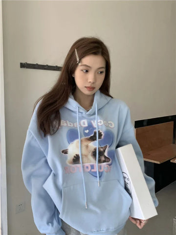 Black Friday Sonicelife Harajuku Cat Print Hoodies Women Y2k Aesthetic O Neck Pullover Cutecore Long Sleeve Girl Tops Japanese Kawaii Sweatshirt