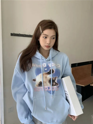 Back To School Sonicelife Harajuku Cat Print Hoodies Women Y2k Aesthetic O Neck Pullover Cutecore Long Sleeve Girl Tops Japanese Kawaii Sweatshirt