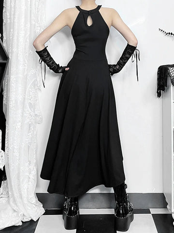 Sonicelife Women's Gothic Diablo Style Summer Long Dress 2024 New Hanging Neck Sleeveless Front Short Back Long Dresses