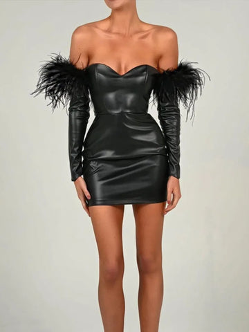 Sonicelife Off-shoulder Feather Sleeve PU Leather Mini Dress For Women Robe Strapless Backless Sexy Party Short Dress Vestido