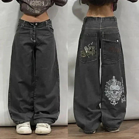 Sonicelife Streetwear New Harajuku Retro Straight High Waist Casual Jeans Y2K Fashion Washed Blue Pocket Baggy Jeans Gothic Wide Pants