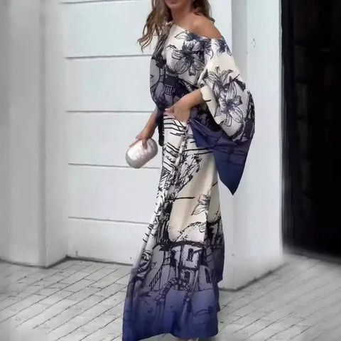 Sonicelife Pant Sets Women Two Piece Set Print Long Bat Sleeve Loose Casual Elegant Splice Oblique Shoulder Tops Wide Leg Long Pants
