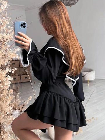 Sonicelife hoco dresses Aynaray 2024 Autumn Winter Women Sweet Mini Dress Solid Black Long Sleeve Elegant Ruffle Flare Dress Female