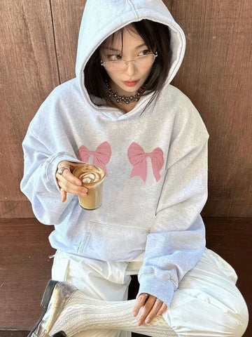 Black Friday Sonicelife Kawaii Bow Print Hoodies Women Y2k Long Sleeve Sweatshirt Oversized Sweet Girl Causal Loose Autumn Winter Clothes Ins