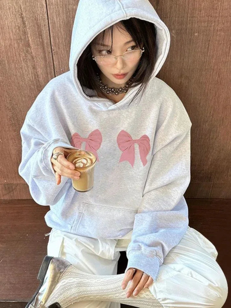 Back To School Sonicelife- Kawaii Bow Print Hoodies Women Y2k Long Sleeve Sweatshirt Oversized Sweet Girl Causal Loose Autumn Winter Clothes Ins