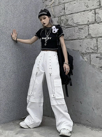 Sonicelife White Cargo Pants Women Streetwear Fashion Baggy Chain High Waist Wide Leg Casual Sweatpants Y2k Vintage Mujer Trousers