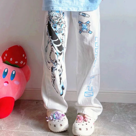 Sonicelife Y2K Anime Print White Pants Women Harajuku Manga Subculture Wide Leg Trousers Japanese Style Kawaii Cartoon Sweatpants