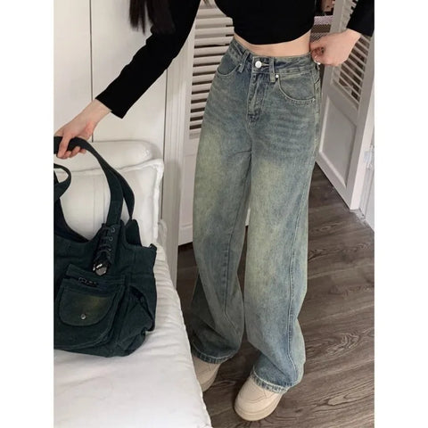 Sonicelife Y2k Baggy Wide Leg Jeans Women Vintage Streetwear Washed Denim Pants Grunge Basic Slouchy Blue Trousers Femme Spring