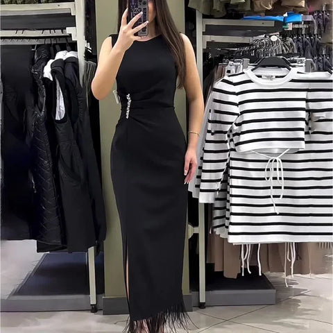 Sonicelife Dress Women Sexy Tassel Long Dress Sleeveless Slim Fit Wrap Hip Round Neck Elegant Splice Sheath Vestidos Solid Summer