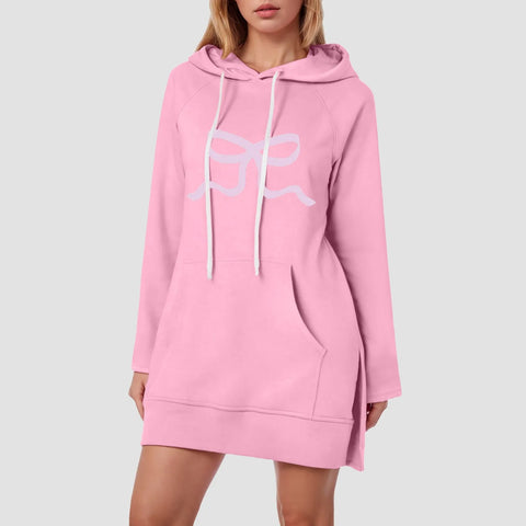 Sonicelife Women'S Spring Hoodie Dress With Pocket Casual Solid Color Long Sleeved Bow Printed Pullover Sweatshirts For Women Loose Fit