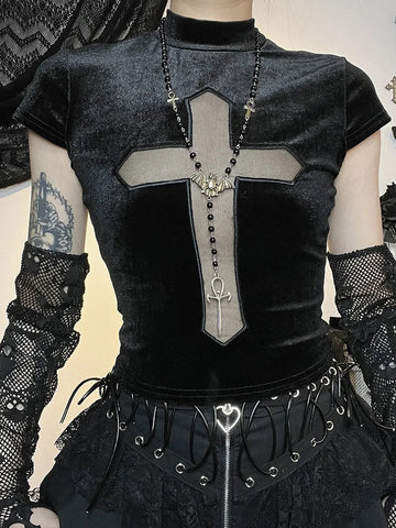 Sonicelife Women's Gothic Design Tops Summer New Mesh Splicing See-Through Cross Tank Top