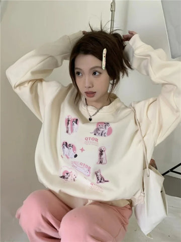 Back To School Sonicelife Cute Dog Print Hoodies Women Kawaii Cat Graphic Long Sleeve Oversized Sweatshirt  Pullover Harajuku Y2k Cutecore Clothes