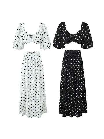 Sonicelife Polka Dots Cropped Top and Side Slits High Waist Skirt Set