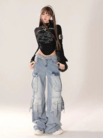 Sonicelife American Street Washed Multi Pocket Jeans for Women Y2k High Waist Straight Trousers 2024 All-match New Loose Wide Leg Pants