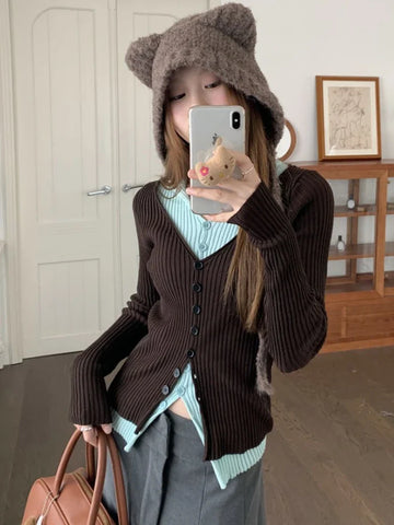 Black Friday Sonicelife Y2K Brown and Mint Green Fake Two Pieces Knitwear Slim Button Up Cardigan Autumn Winter Ribbed Sweater Women Korean Chic