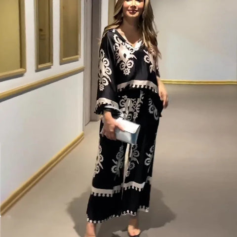 Sonicelife Women Pants Sets Tracksuit V Neck Long Sleeve Pullover Tops Print Wide Leg Pants Ankle Length Loose Two Pieces Pockets 2024
