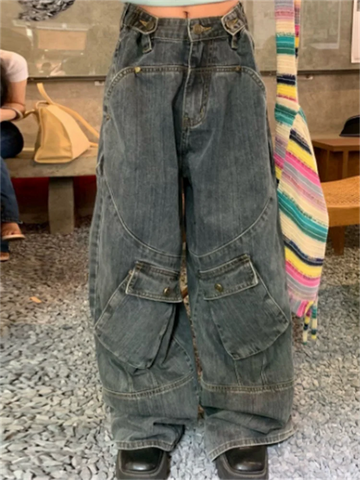 Sonicelife Cool Cargo Jeans Women Casual Big Pocket Oversize for Female Denim Pants New Ladies Hip Pop Vintage Wide Leg Trousers Streetwear