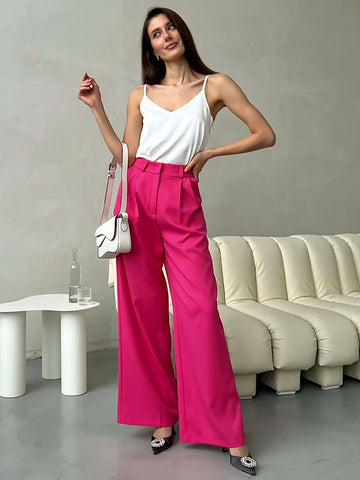 Sonicelife 2024 Summer Spring Women Wig Leg Oversized Trousers Harem Pants Solid Pink High Waist Loose Fit Baggy Pants