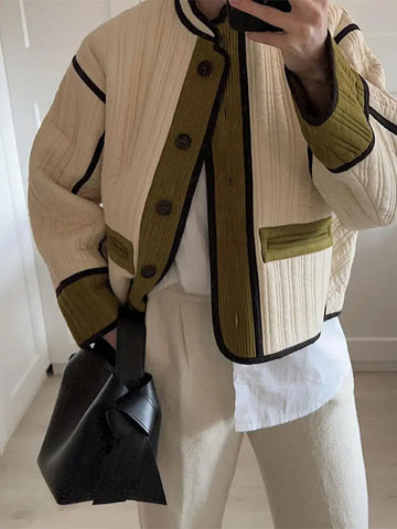 Back To School Sonicelife Women Elegant Patchwork Stand Collar Coats Fashion Contrast Single Breasted With Pocket Loose Jacket 2024 Autumn Lady Chic Coat