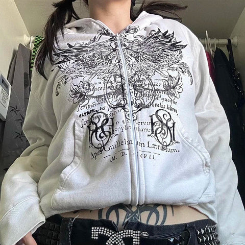 Back To School Sonicelife Gothic Harajuku Mall Goth Hoodies 2000s Y2K Cyber Grunge Emo Zip Up Sweatshirts Vintage Graphics Print Coat Streetwear