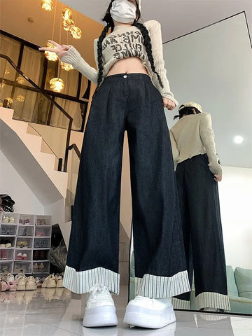 Sonicelife Oversize Patchwork Striped Jeans for Women Spring Autumn New Straight Ankle-Length Pants Y2k High Waist Loose Wide Leg