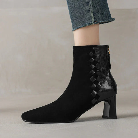 Sonicelife NEW Autumn Women Boots Sheep Suede Leather Shoes for Women Square Toe Chunky Heel Shoes Zipper Modern Boots Weave Handmade Shoes
