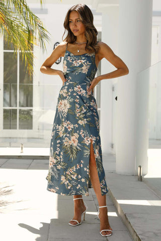 Sonicelife Satin Cowl Neck Floral Print Slit Cami Dress