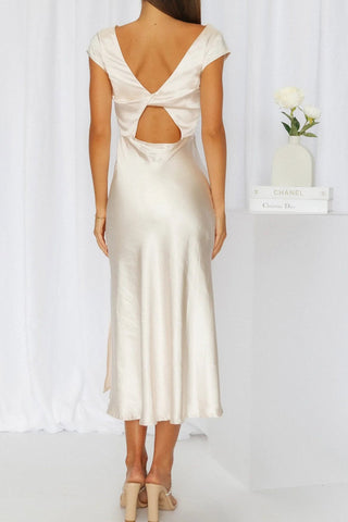 Sonicelife Satin Cowl Neck Twisted-back Slit Dress