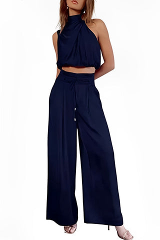 Sonicelife Satin Mock Neck Crop Top Pants Suits