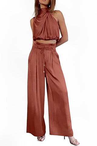 Sonicelife Satin Mock Neck Crop Top Pants Suits