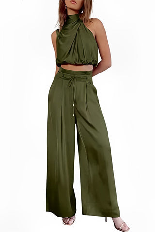 Sonicelife Satin Mock Neck Crop Top Pants Suits