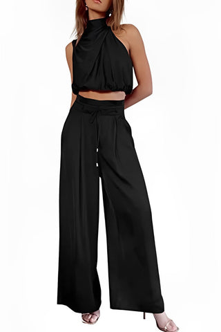 Sonicelife Satin Mock Neck Crop Top Pants Suits