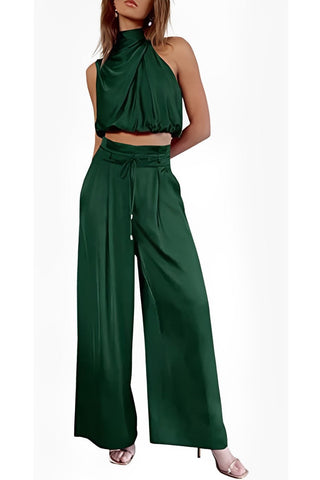 Sonicelife Satin Mock Neck Crop Top Pants Suits