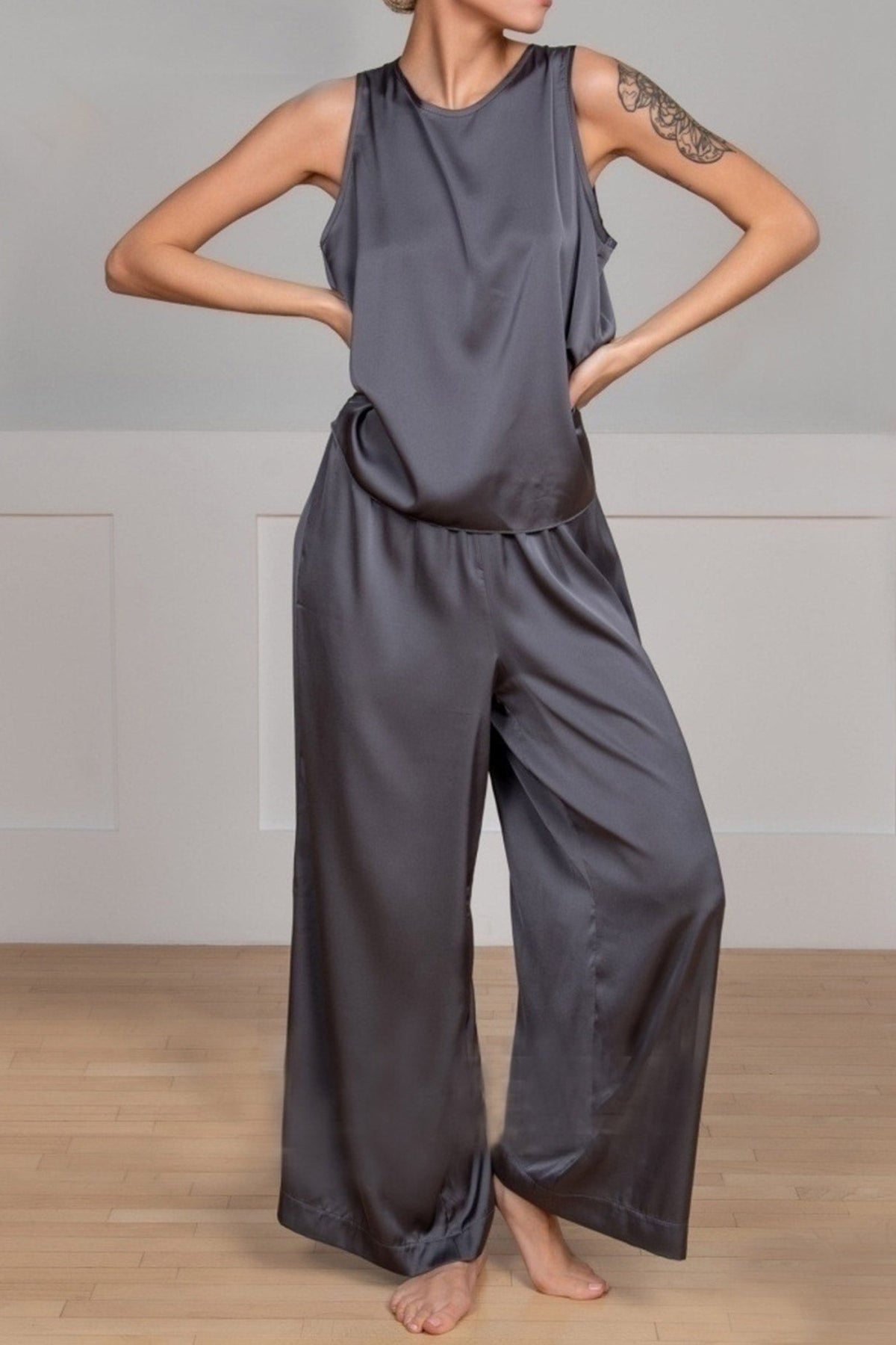 Sonicelife-Satin Slit Tank Top Wide Leg Long Pants Set