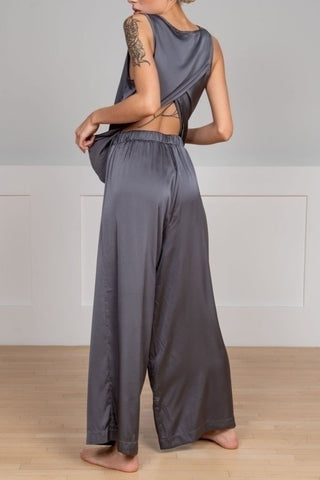 Sonicelife-Satin Slit Tank Top Wide Leg Long Pants Set