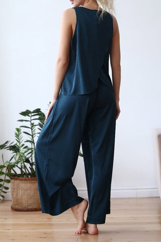 Sonicelife-Satin Slit Tank Top Wide Leg Long Pants Set