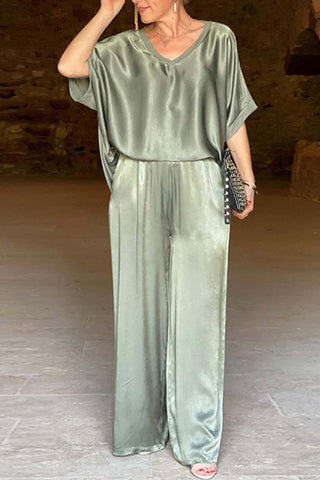 Sonicelife-Satin V Neck Half Sleeve Long Pant Set