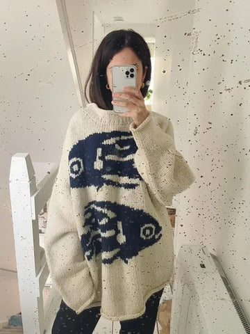 Back To School Sonicelife 2024 Fall Fashion  Aesthetic Women Fashion Fish Print Oversized Gothic Sweater Streetwear Grunge Girl Vintage Casual Funny Pullover Sweater Clothes
