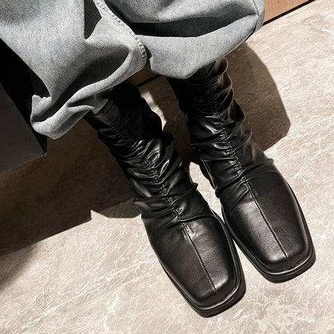 Sonicelife NEW Autumn Women Boots Square Toe Low Heel Ankle Boots Women Microfiber Shoes for Women Slip-on Black Boots Pleated Ladies Shoes