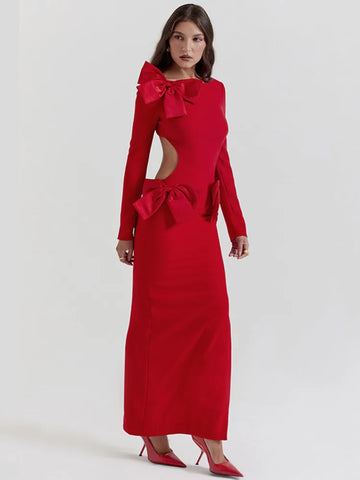 Sonicelife Elegant Bow Backless Sexy Maxi Dress For Women Fashion Red O Neck Long Sleeve Bodycon Club Party Long Dress New