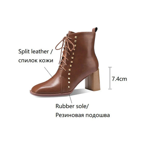 Sonicelife NEW Autumn Women Boots Square Toe High Heel Shoes for Women Split Leather Boots Women Zipper Rivet Modern Boots Botas de mujer