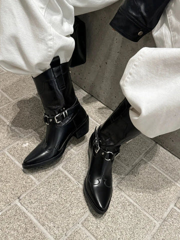 Sonicelife NEW Autumn Women Boots Pointed Toe Chunky Heel Shoes Split Leather Shoes for Women Zipper Belt Buckle Shoes Casual Western Boots