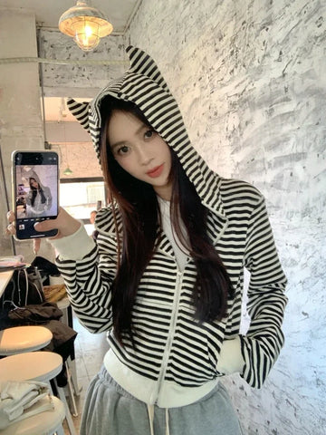 Black Friday Sonicelife Emo Striped Print Cropped Tops Gothic Style Devil Ears Zip Up Hoodies for Women Long Sleeve Sweatshirt Cutecore Clothes