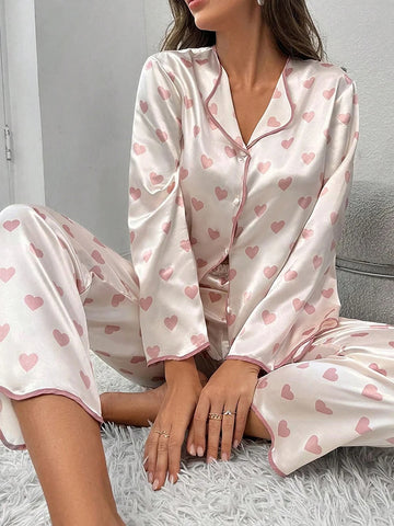 Sonicelife Women's 2Piece Heart Print Sleepwear Spring Summer Satin Pajamas Set Long Sleeve Lapel Neck Button Down Tops+Elastic Band Pants