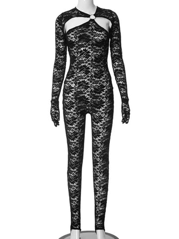 Sonicelife-Women Sexy Hollow Out Long Sleeve Gloves Lace Jumpsuits 2024 Night Club Outfit Female See-through One Piece Party Bodysuit Black