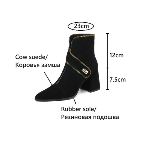 Sonicelife NEW Autumn Women Boots Cow Suede Leather Shoes for Women Pointed Toe Chunky Heel Shoes Zipper Short Boots Elegant Modern Boots