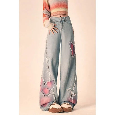 Sonicelife American Retro Butterfly Embroidery Denim Pants Y2k High Waist Loose Jean for Women 2024 Summer New Straight Wide Leg